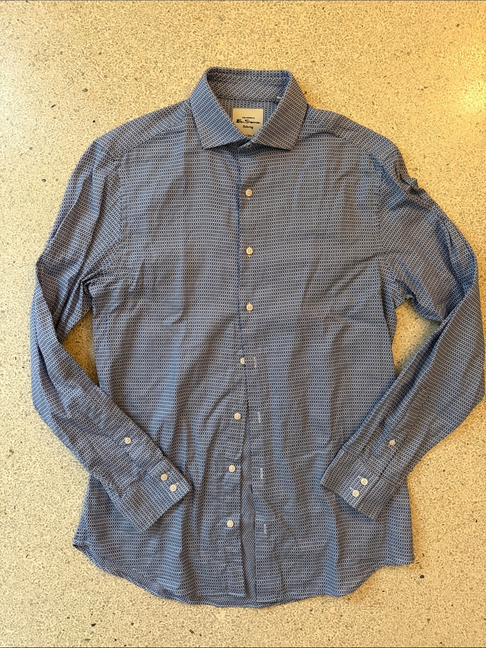 Ben Sherman Tailored Slim Fit Stretch Blue Geometric Dress Shirt Medium 15 32/33